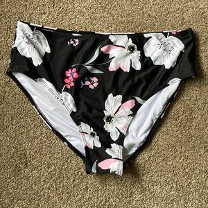 NWOT Womens XL High Rise Cheeky Swimsuit Bottom, Black Floral Pattern